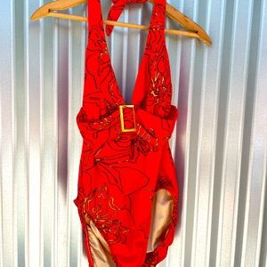 Niki Wior Orange Deep V Buckle Bathing Suit